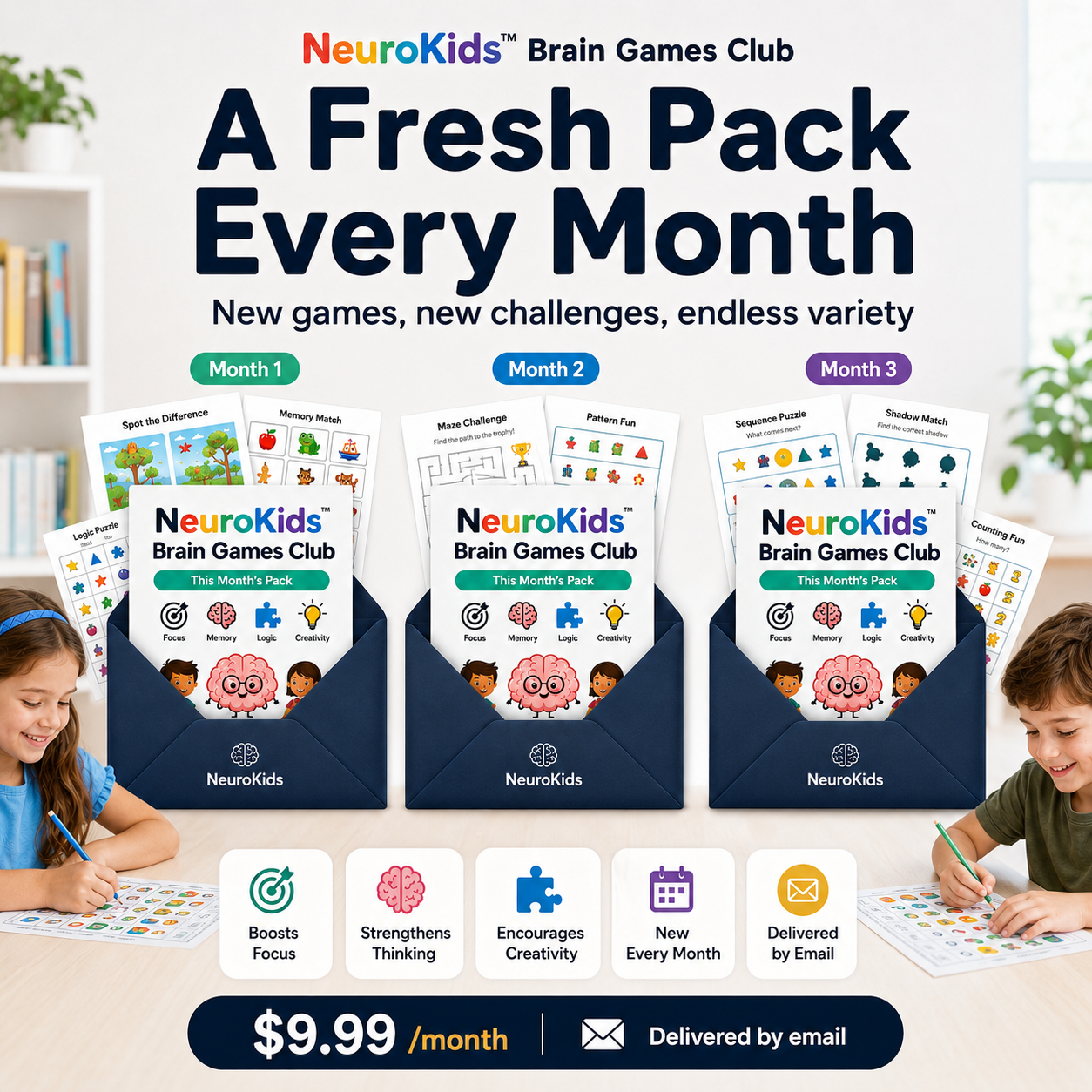 NeuroKids™ Brain Games Club: new printable brain games delivered every month.